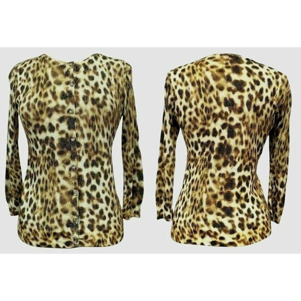 Joseph A.  Metallic Leopard Print Button Front Cardi Long Sleeve Sweater Sz M